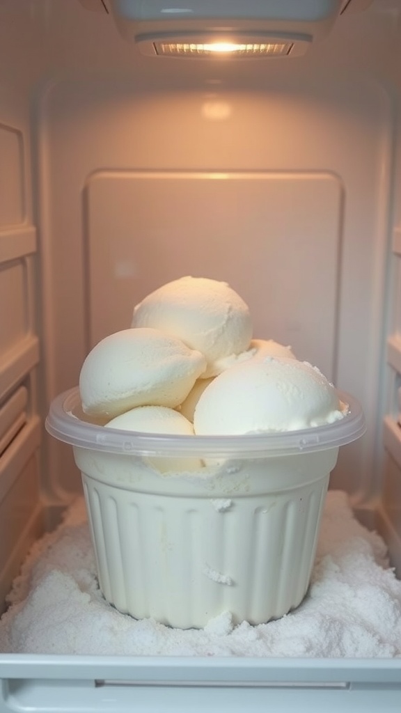 A container of snow ice cream stored in a freezer.