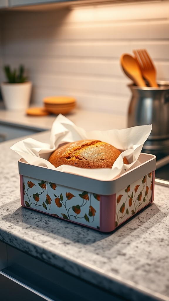A freshly baked carrot cake in a floral tin, ready for storage.