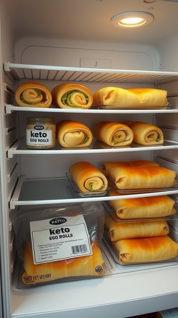 Keto egg rolls stored in a refrigerator.