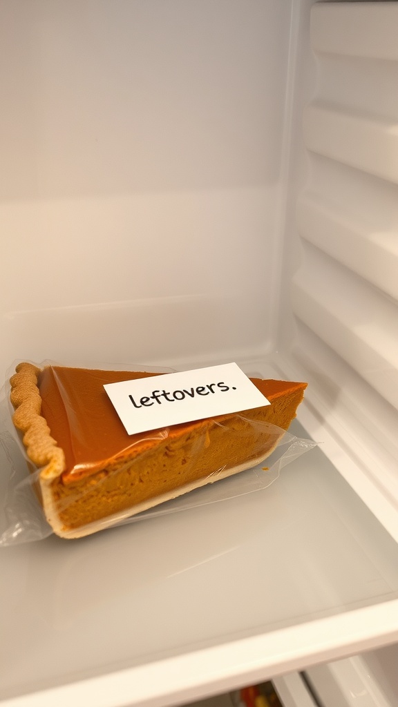 A slice of pumpkin pie stored in the refrigerator