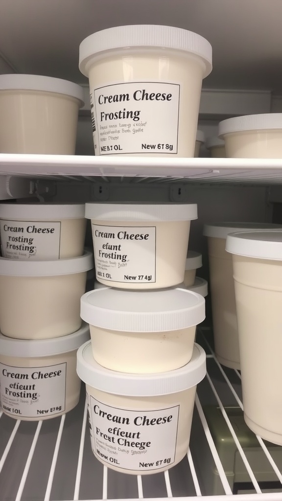 Various containers of cream cheese frosting on a refrigerator shelf.