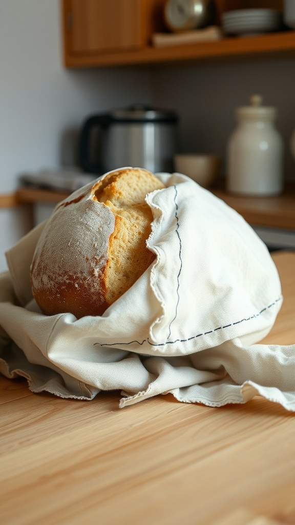A loaf of sourdough bread resting under a cloth on a wooden surface.