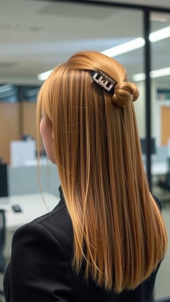 A woman with straight hair styled with a claw clip, showcasing a simple twist.