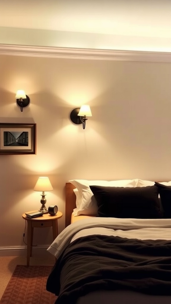 Cozy small bedroom with strategically placed lighting fixtures including wall sconces and a bedside lamp.