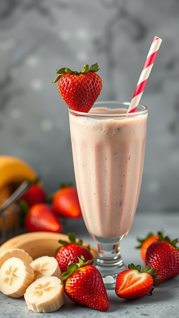 A refreshing strawberry banana fiber smoothie served in a glass