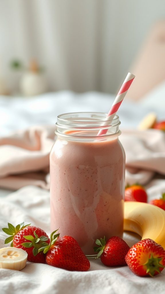 A delicious strawberry banana smoothie in a jar with a straw, surrounded by fresh strawberries and a banana.
