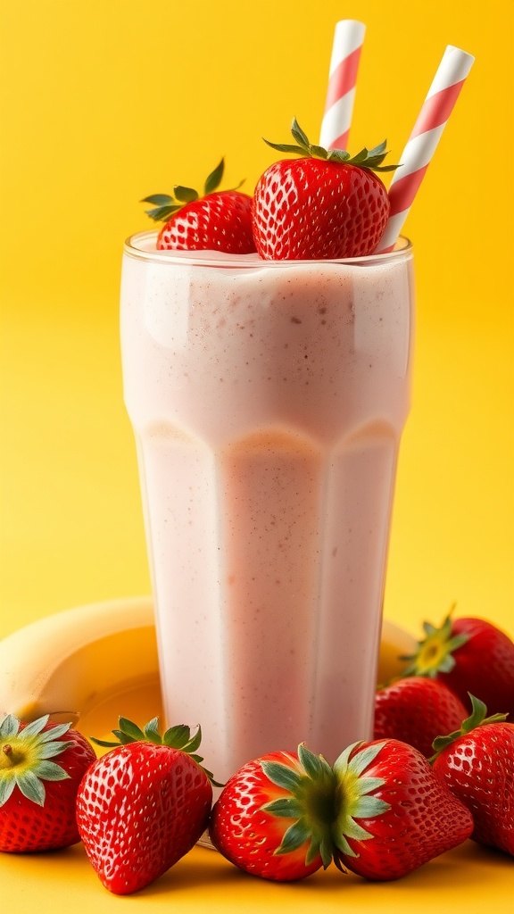 Strawberry Banana Sunshine Smoothie in a glass with fresh strawberries