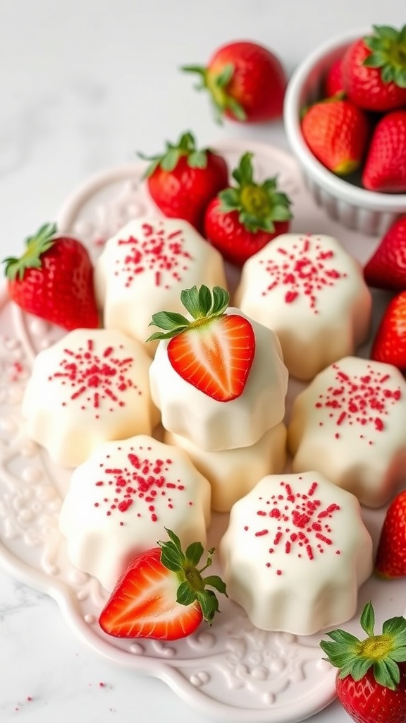 Delicious strawberry cheesecake fat bombs on a decorative plate with fresh strawberries.