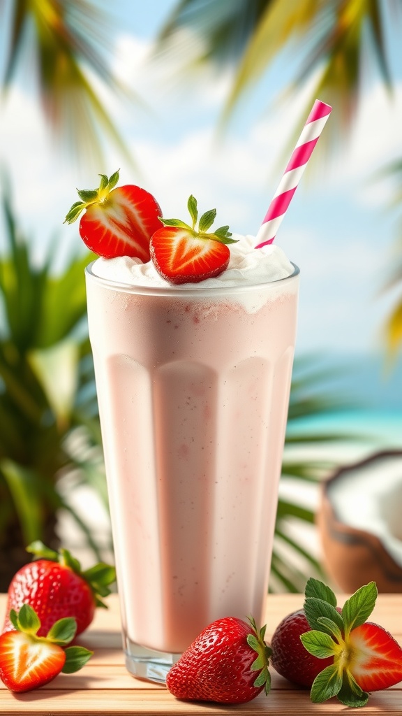A refreshing strawberry coconut cream smoothie in a tall glass, topped with fresh strawberries and a pink straw, set against a tropical backdrop.