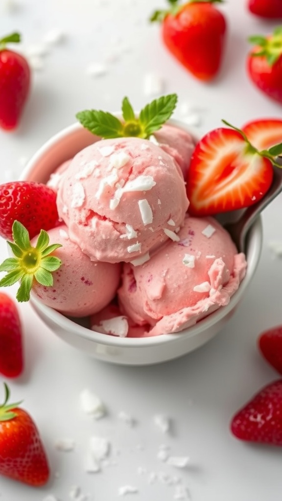 A bowl of strawberry coconut keto ice cream garnished with fresh strawberries and mint leaves.