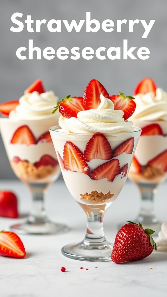 Strawberry keto cheesecake parfaits in elegant glasses