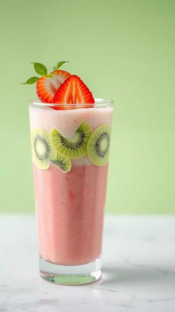 A vibrant strawberry kiwi fusion smoothie in a glass, topped with fresh fruit.