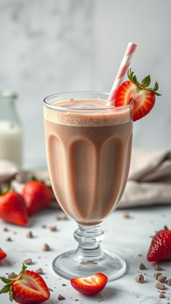 Strawberry Mocha Smoothie in a glass with a straw and garnished with a strawberry.