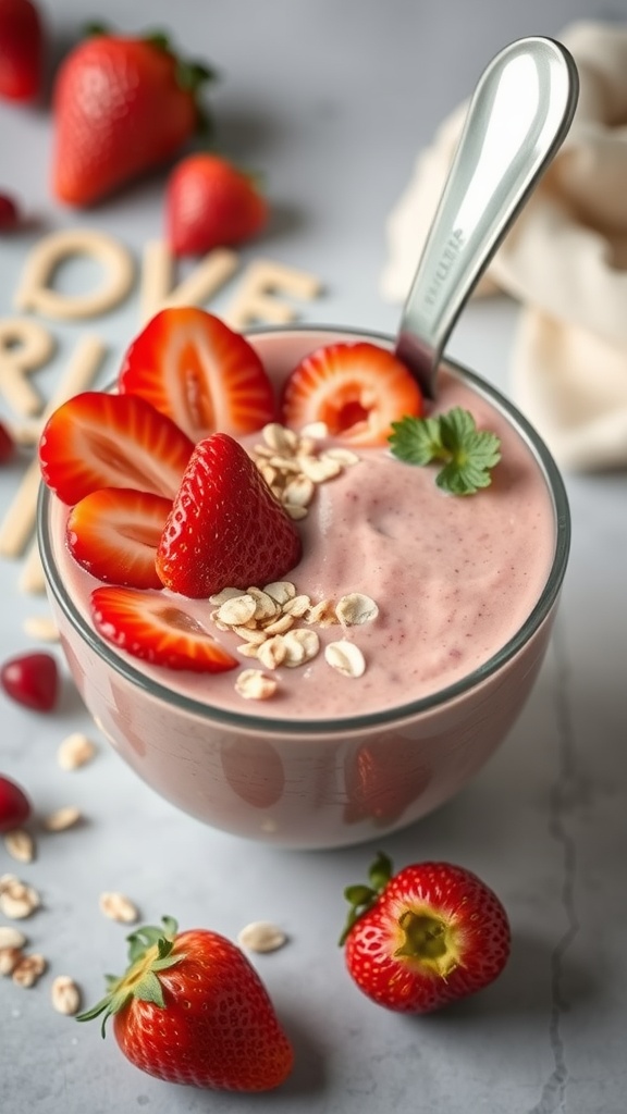 A bowl of strawberry oatmeal topped with sliced strawberries and oats.