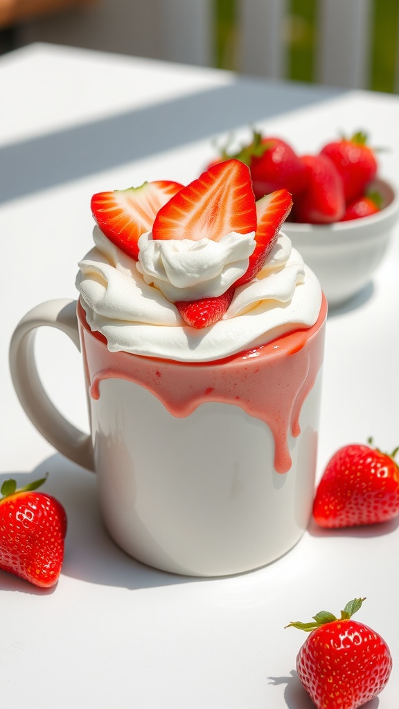 Keto strawberry shortcake mug cake with whipped cream and fresh strawberries on top.