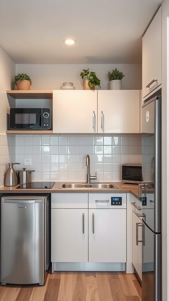 A small kitchen featuring streamlined appliances, showcasing a modern design.