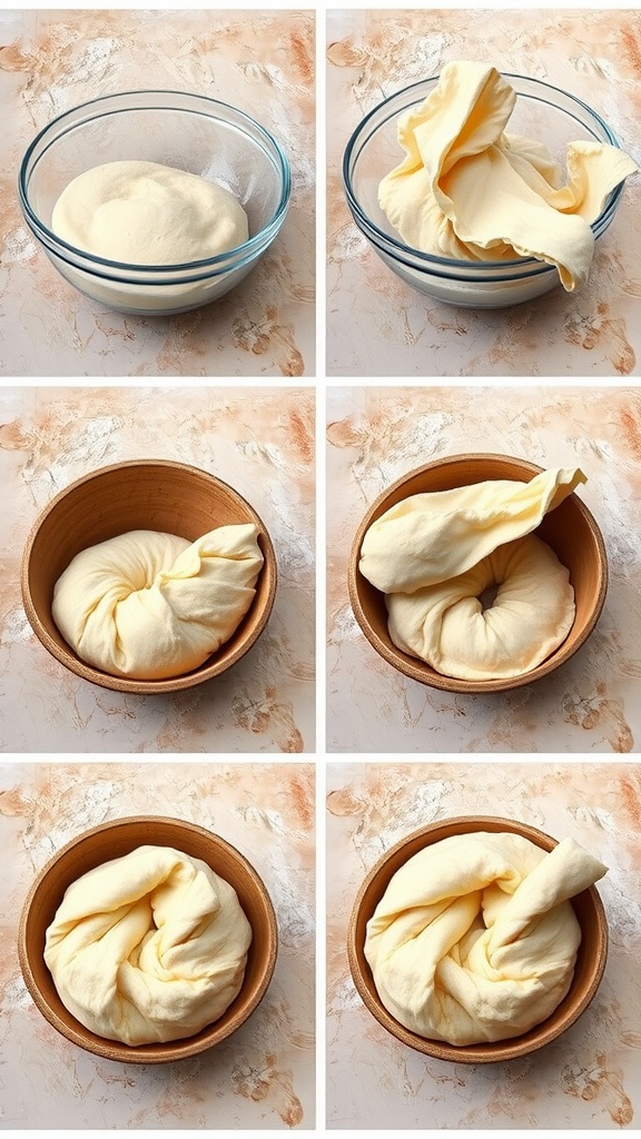 Method demonstrating the stretch and fold technique for sourdough bread.