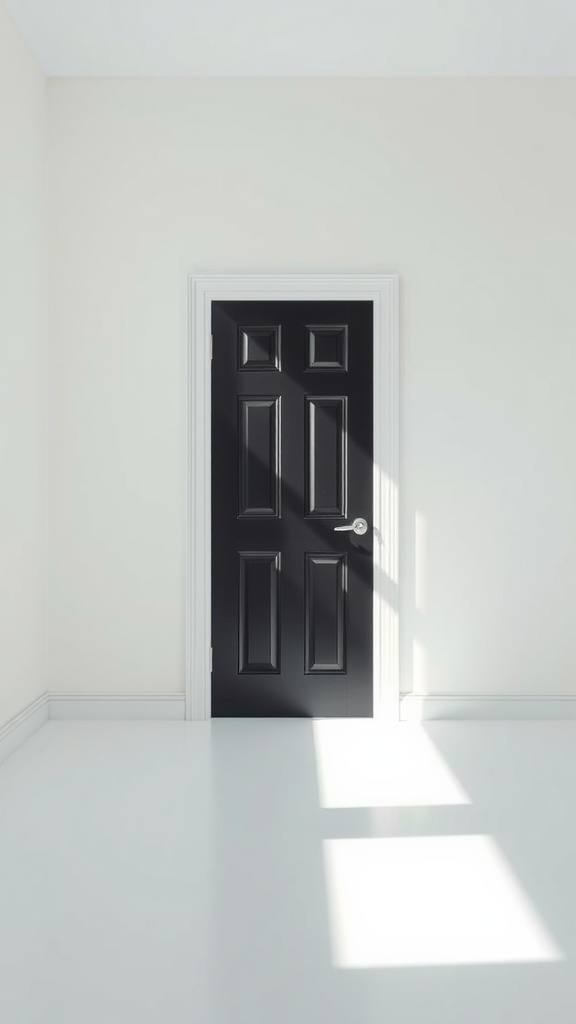 A black door against light walls, showcasing a striking contrast in interior design.