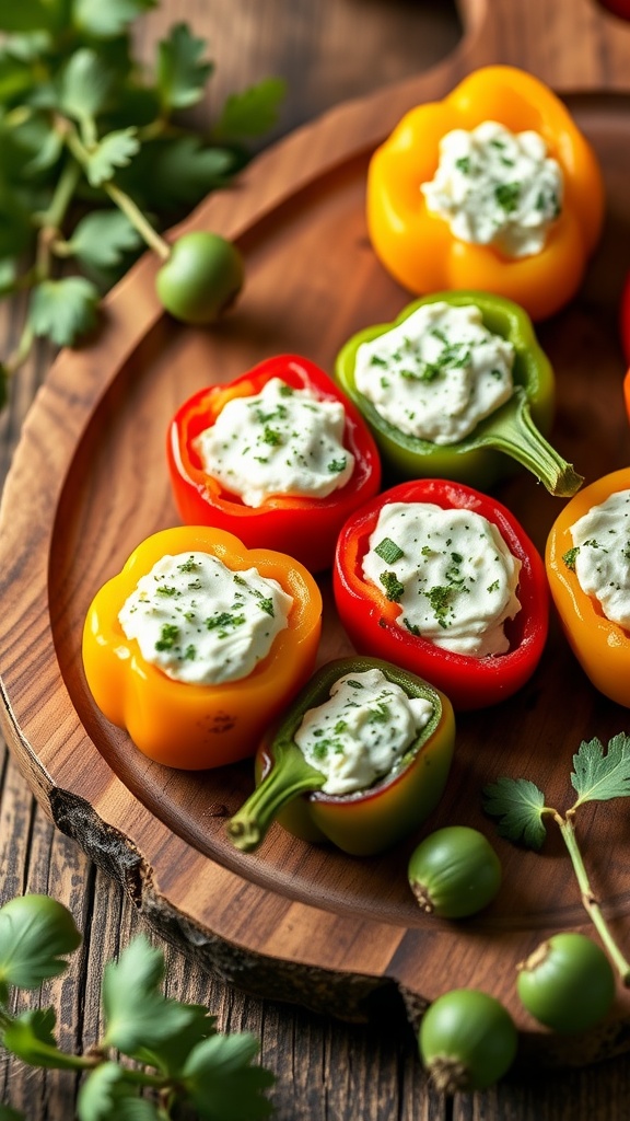 Colorful stuffed mini peppers on a wooden platter