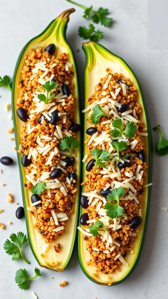Stuffed zucchini boats filled with quinoa, black beans, and topped with cheese.
