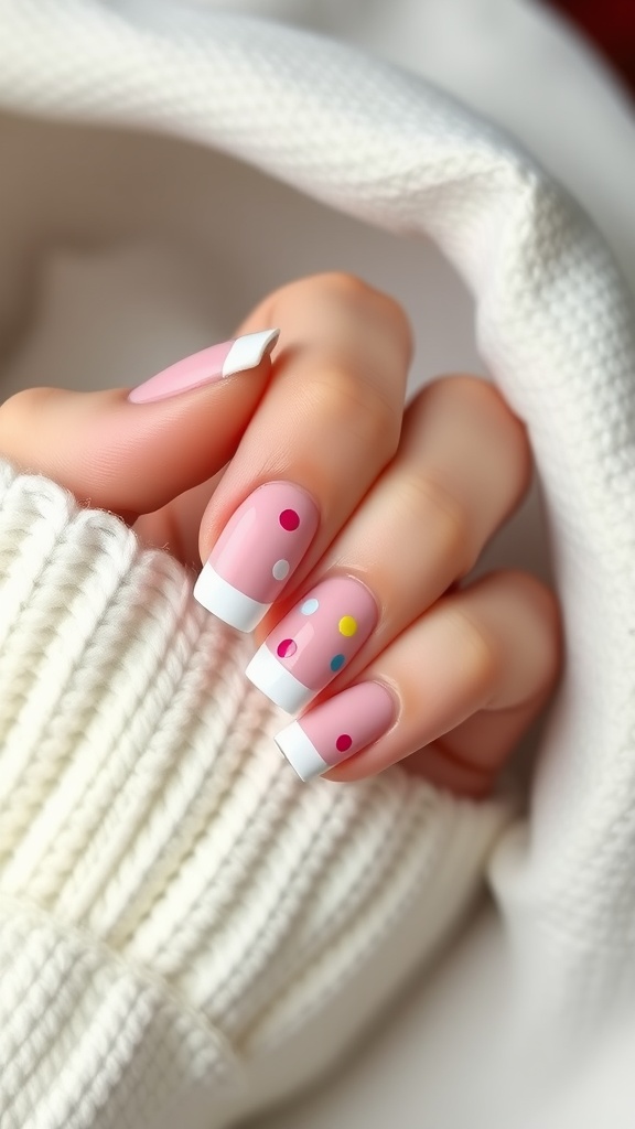 Baby pink French tip nails with colorful dots