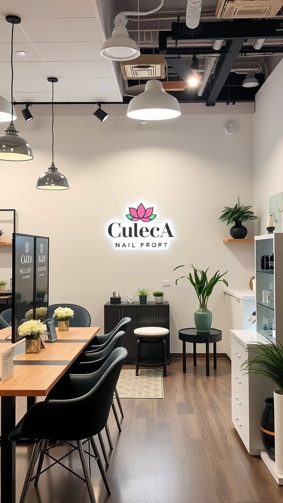 Interior view of a nail salon with modern design and branding elements.
