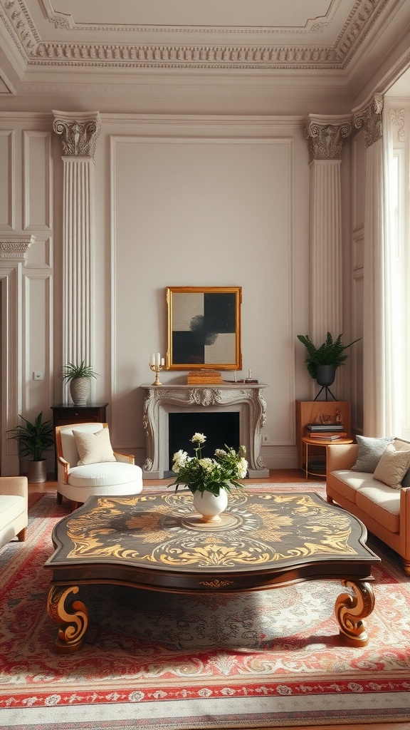 A beautifully decorated neoclassical living room with an ornate coffee table, elegant seating, and classic architectural details.