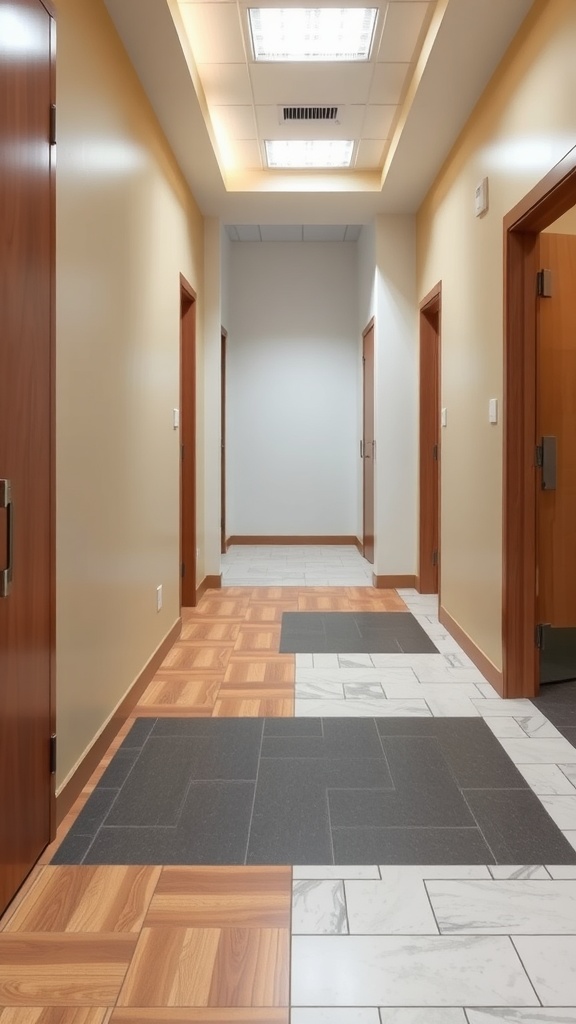 A modern hallway with a mix of wood and tile flooring.