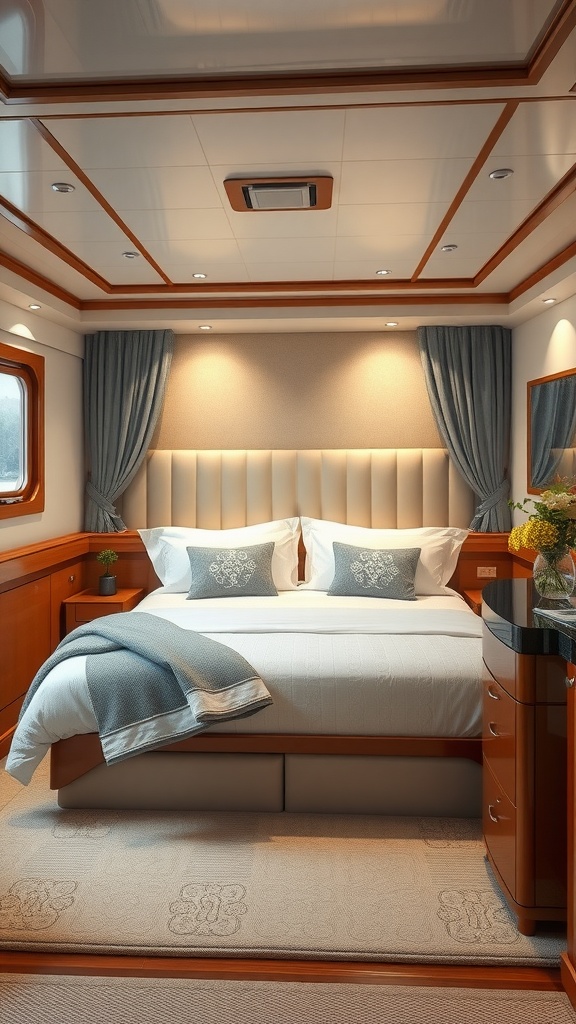 Interior of a luxury yacht guest cabin featuring a comfortable bed, elegant decor, and warm lighting.