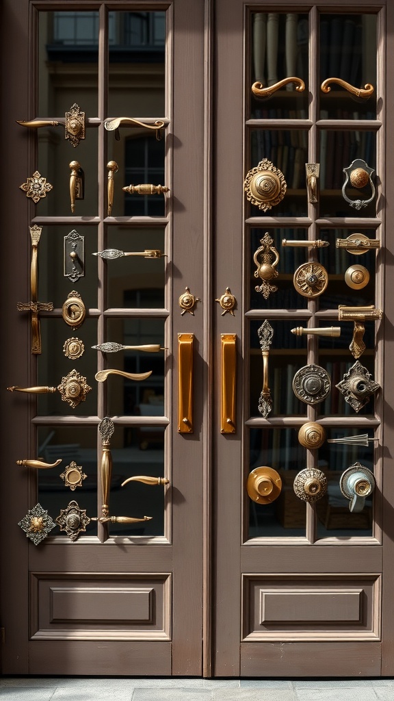 A display of various stylish hardware options for French doors, featuring different handles and knobs.