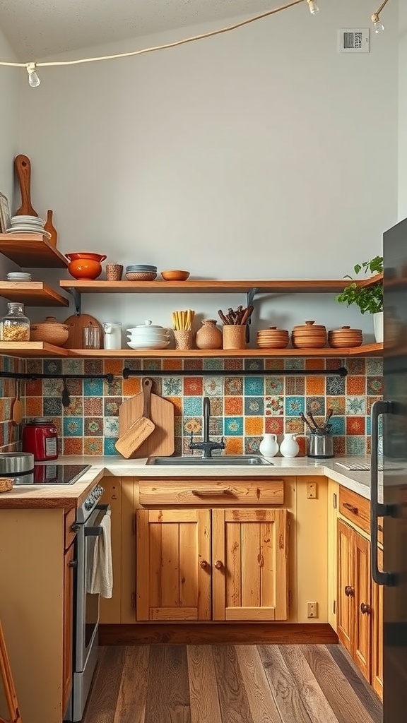 A cozy Mediterranean kitchen featuring vibrant tile backsplash and wooden cabinets.