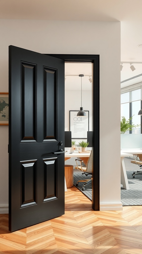 An open black office door leading to a modern workspace with wooden floors.