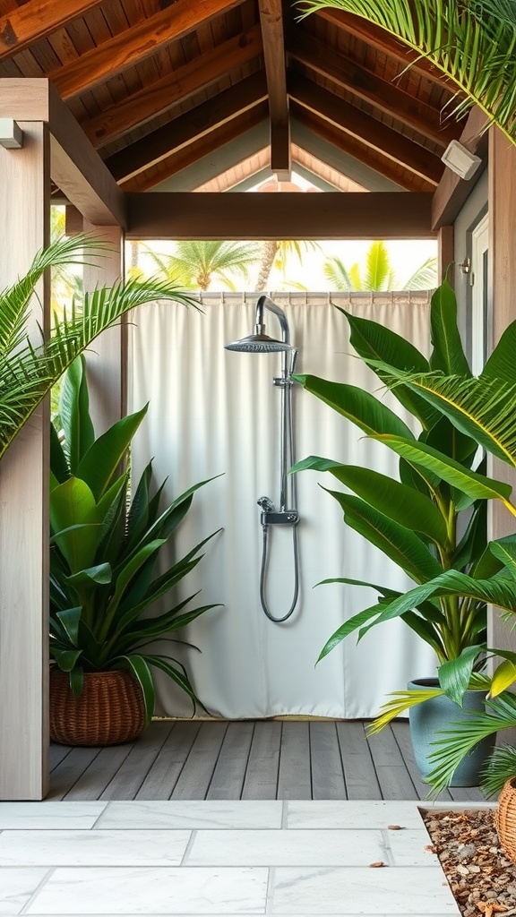 Stylish outdoor shower with tropical plants in a beach house setting