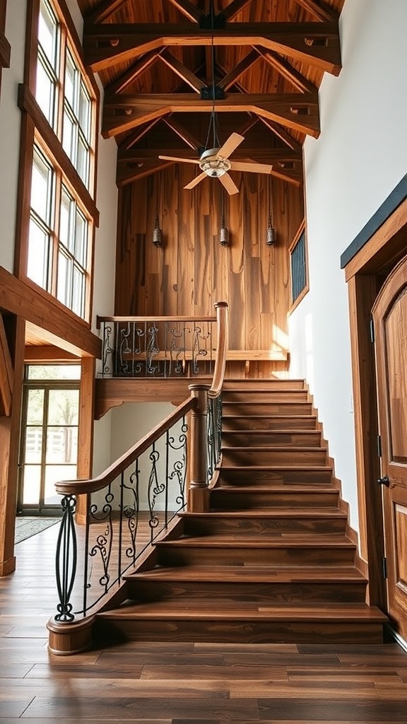 Stylish wooden staircase with elegant railings in a barndominium interior.