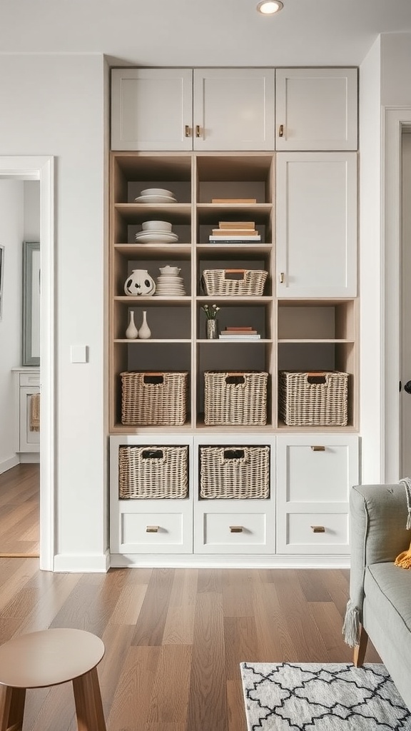 Stylish storage unit with open shelves and closed cabinets in a condo interior.