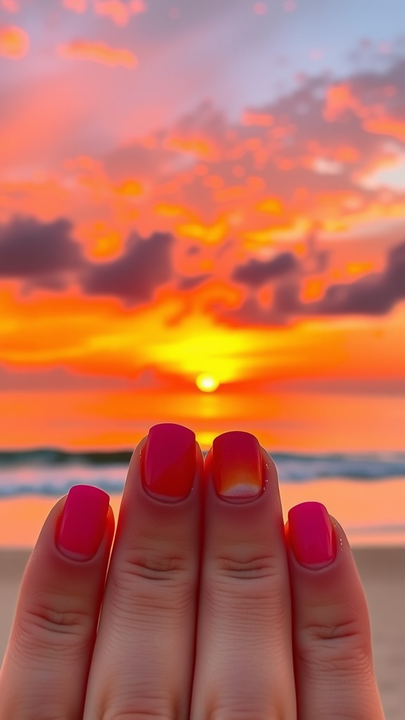 Close-up of hands with summer sunset gradient nails against a beach sunset backdrop.