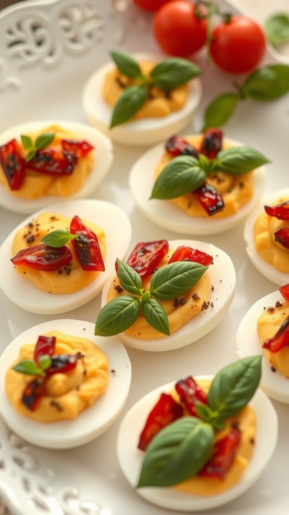 Sun-Dried Tomato and Basil Deviled Eggs arranged on a plate