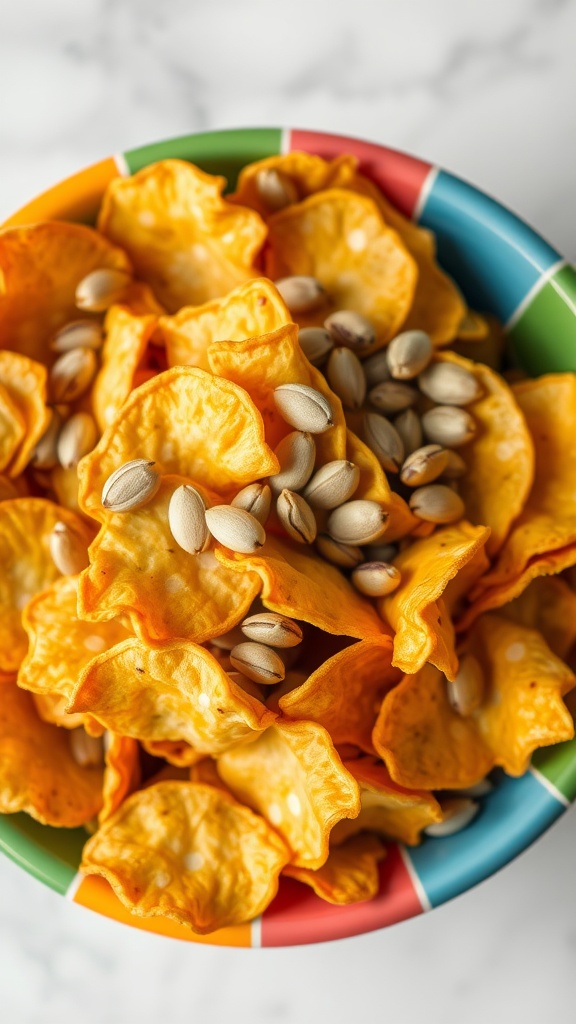 A colorful bowl filled with sunflower seed crisps and seeds