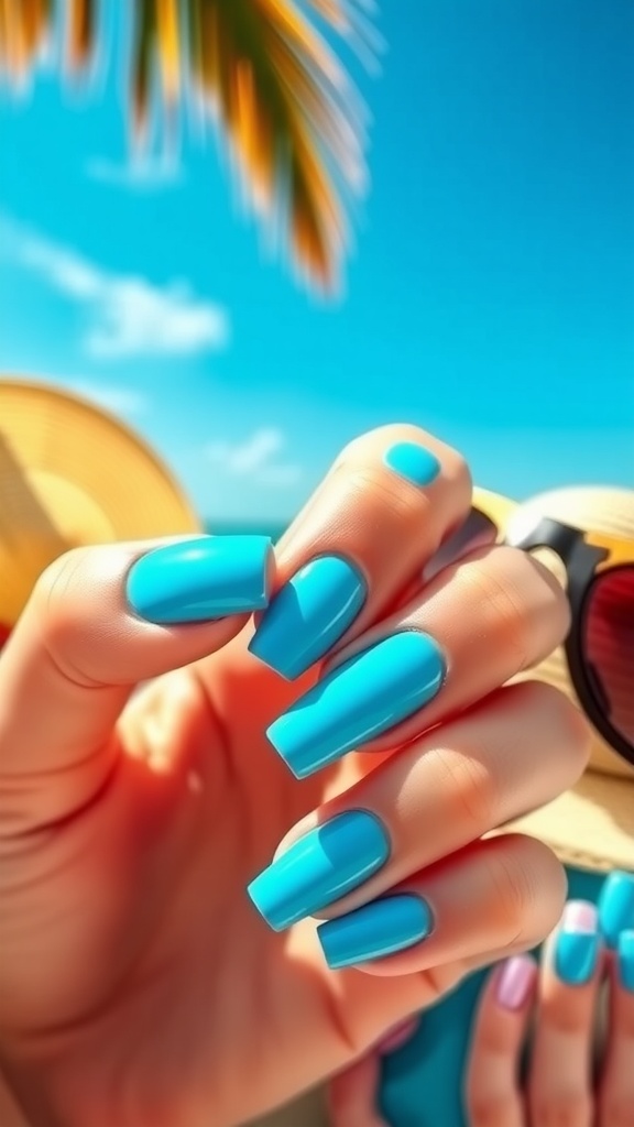 Close-up of hands with bright sky blue nail polish against a summer background