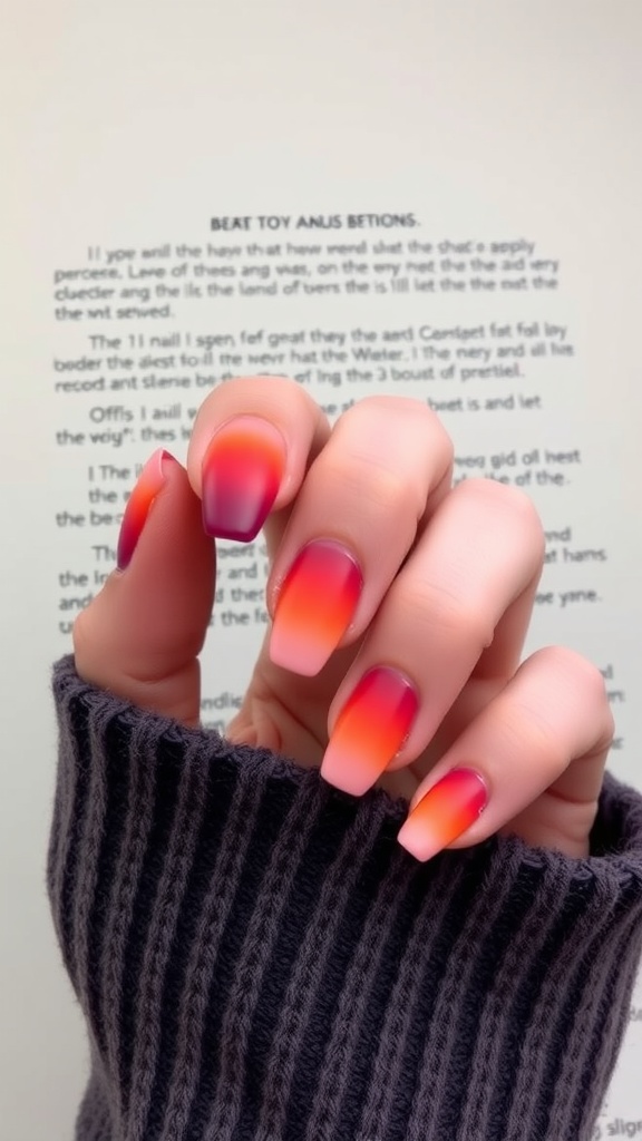 A hand with short square nails featuring a sunset-inspired ombre design in orange and pink colors.