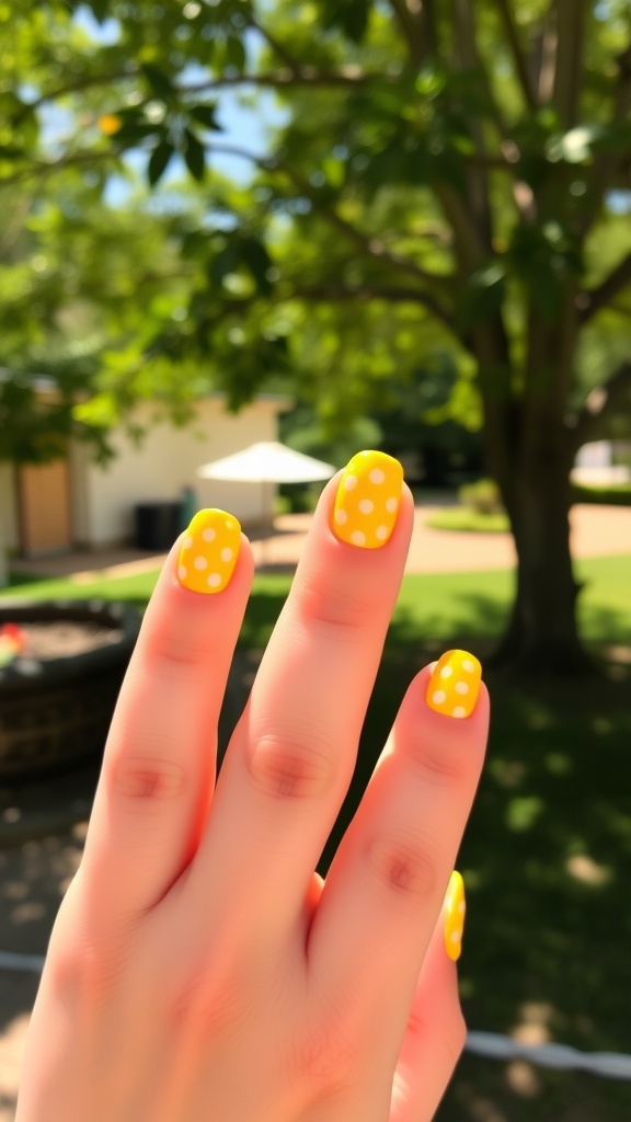 Close-up of hands with sunshine yellow nails featuring white dots.