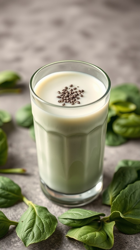 A glass of smoothie topped with chia seeds, surrounded by fresh spinach leaves.