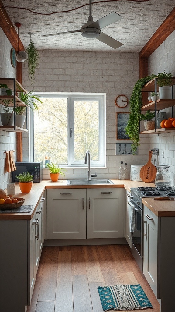 A cozy kitchen showcasing Nordic interior design with plants and natural materials.