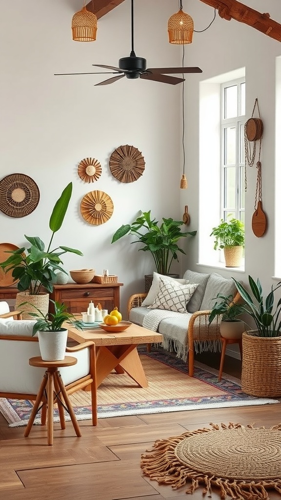 Boho interior design featuring natural materials, plants, and warm colors.