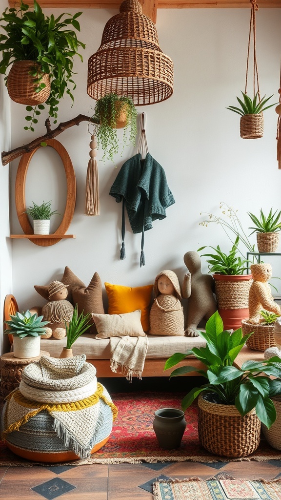 A cozy bohemian interior featuring plants, upcycled decor, and handmade items.