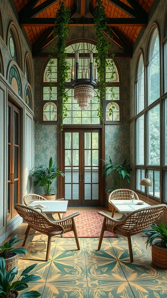 A bright and inviting Art Nouveau interior featuring natural materials and plants.