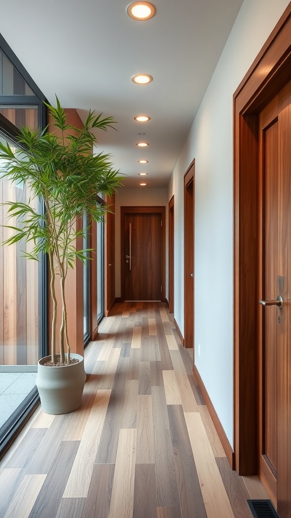 A modern hallway featuring wood flooring, wooden doors, and a potted plant.