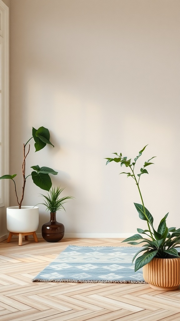 A cozy interior featuring plants, a rug, and natural wood flooring.