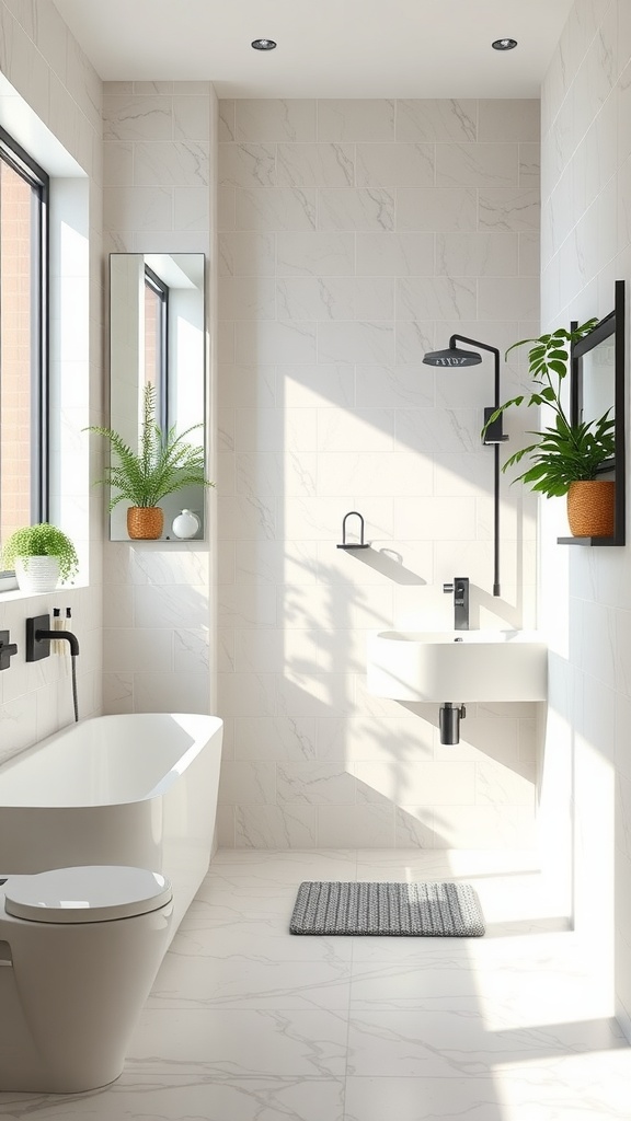 Modern sustainable bathroom design with plants, natural light, and eco-friendly fixtures.