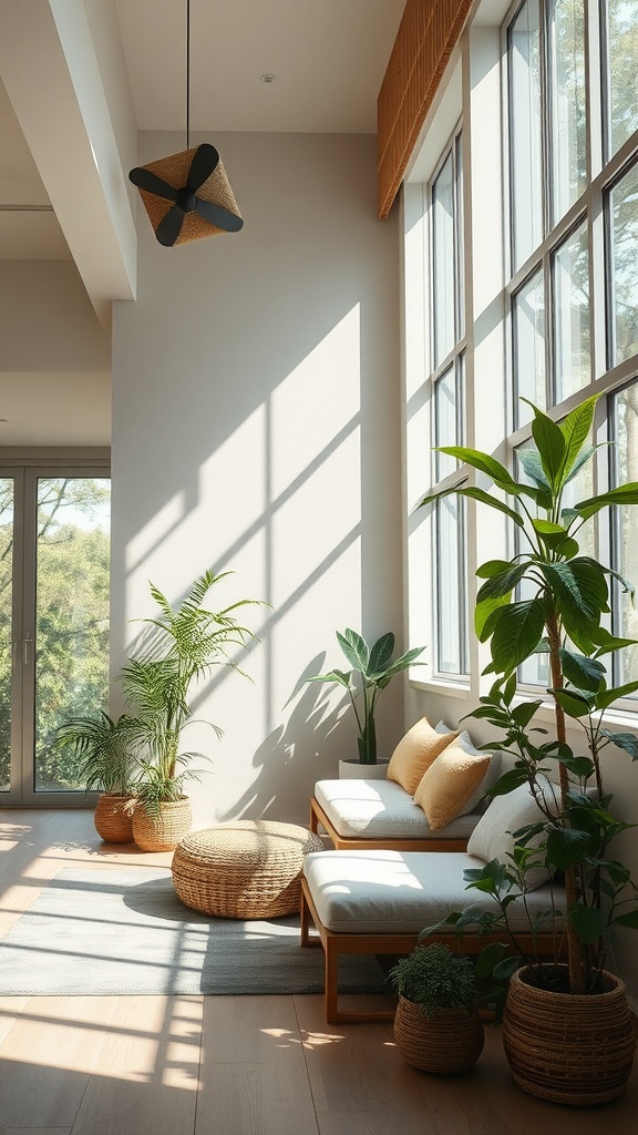 A bright and airy living space featuring plants, natural materials, and comfortable seating.